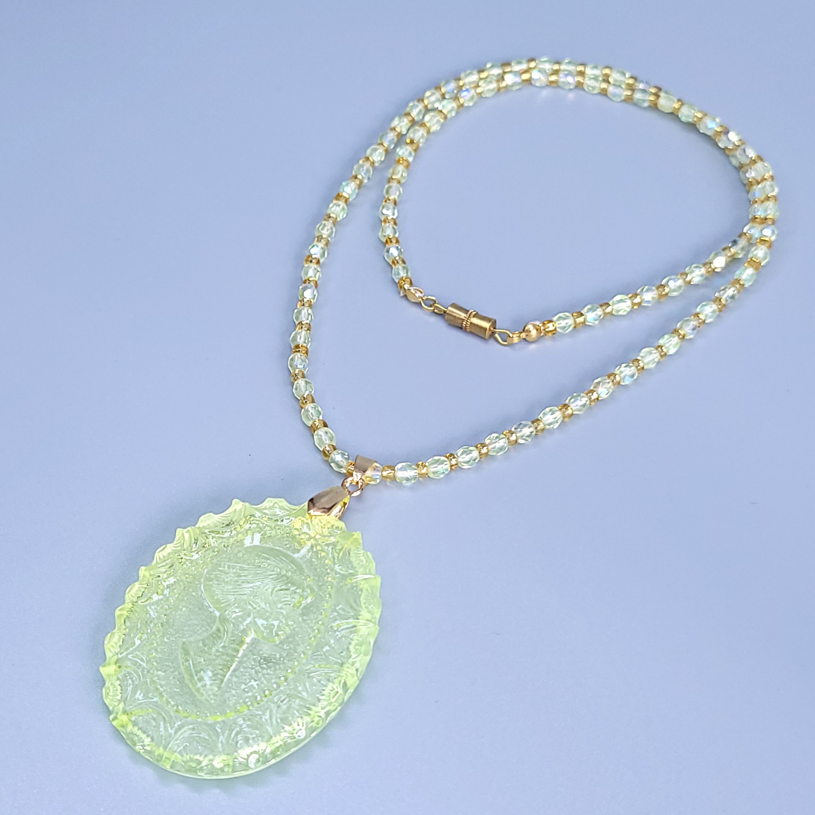 Uranium Glass Necklace 23” Cameo Pendant Vaseline Yellow Czech Beads