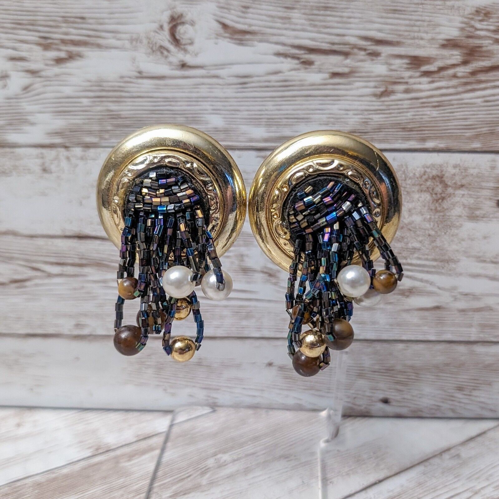 Vintage Clip On Earrings Extra Large Statement Earrings Beaded Dangle
