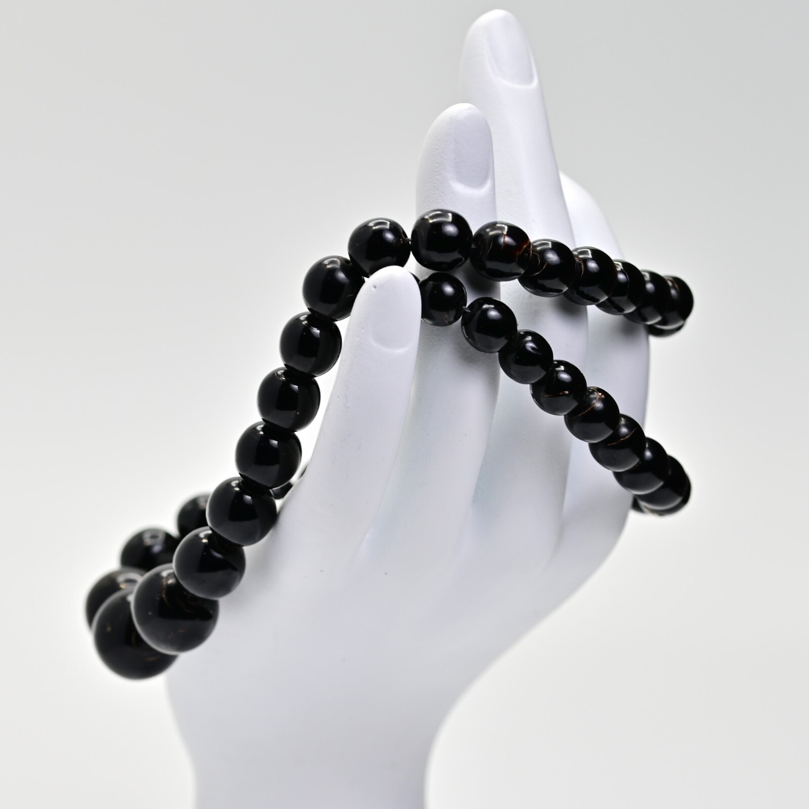 Original Vintage Black Onyx Amber Nephrite Jade Beaded Gemstone Estate Necklace