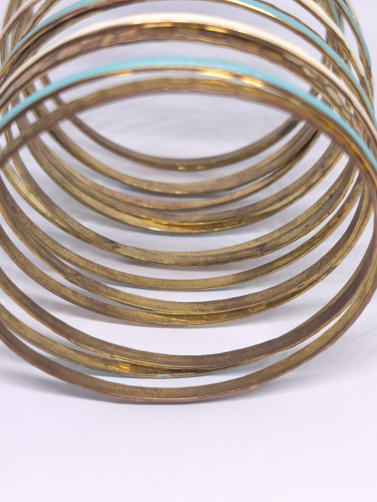 Vintage Copper Brass Bangle Bracelet Set Turquoise White Enamel Stackable Boho