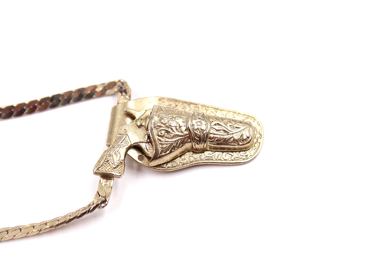 Gun-in-holster pendant necklace Mini revolver charm herringbone necklace 12″