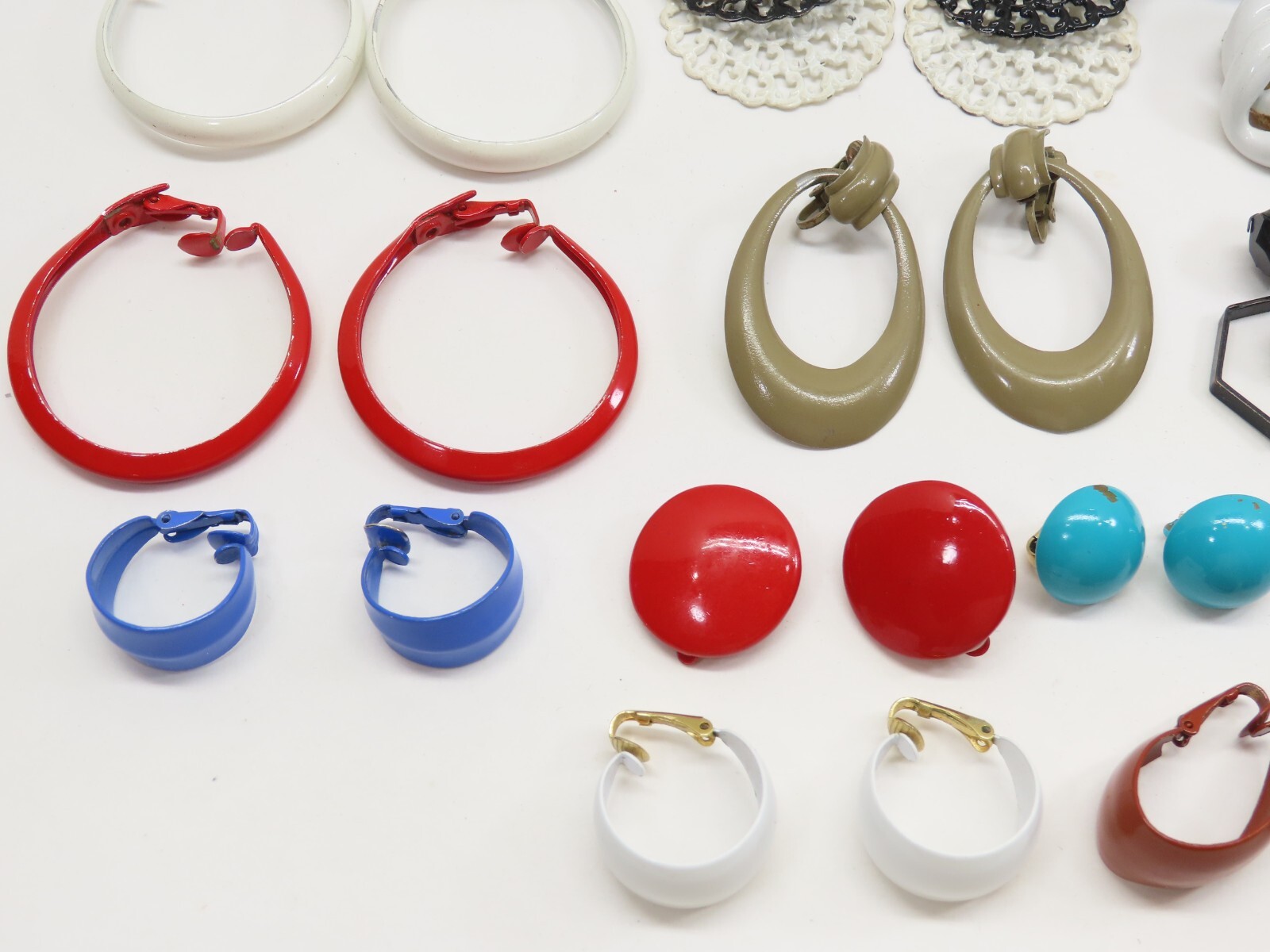 Vintage Earrings Enamel Clip On Lot Hoop Dangle + Minor Wear D2539