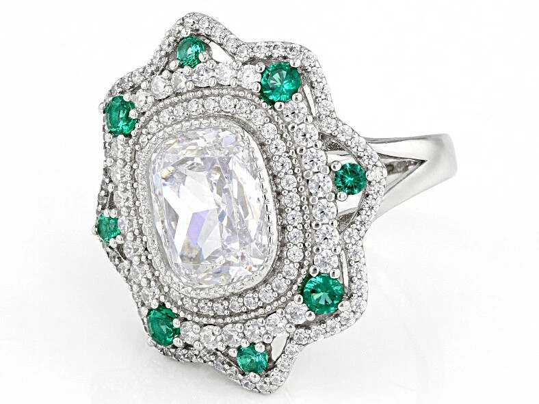 Floral Cluster Design 7.9TCW Green Spinel With Rectangle Cushion & Round CZ Ring