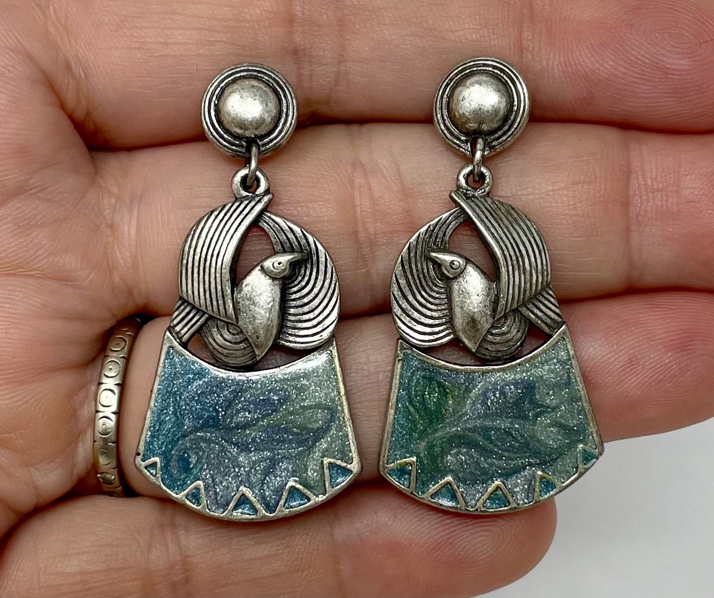 Vintage Edgar Berebi Blue Enamel Bird Dove Silver Tone Dangle Pierced Earrings