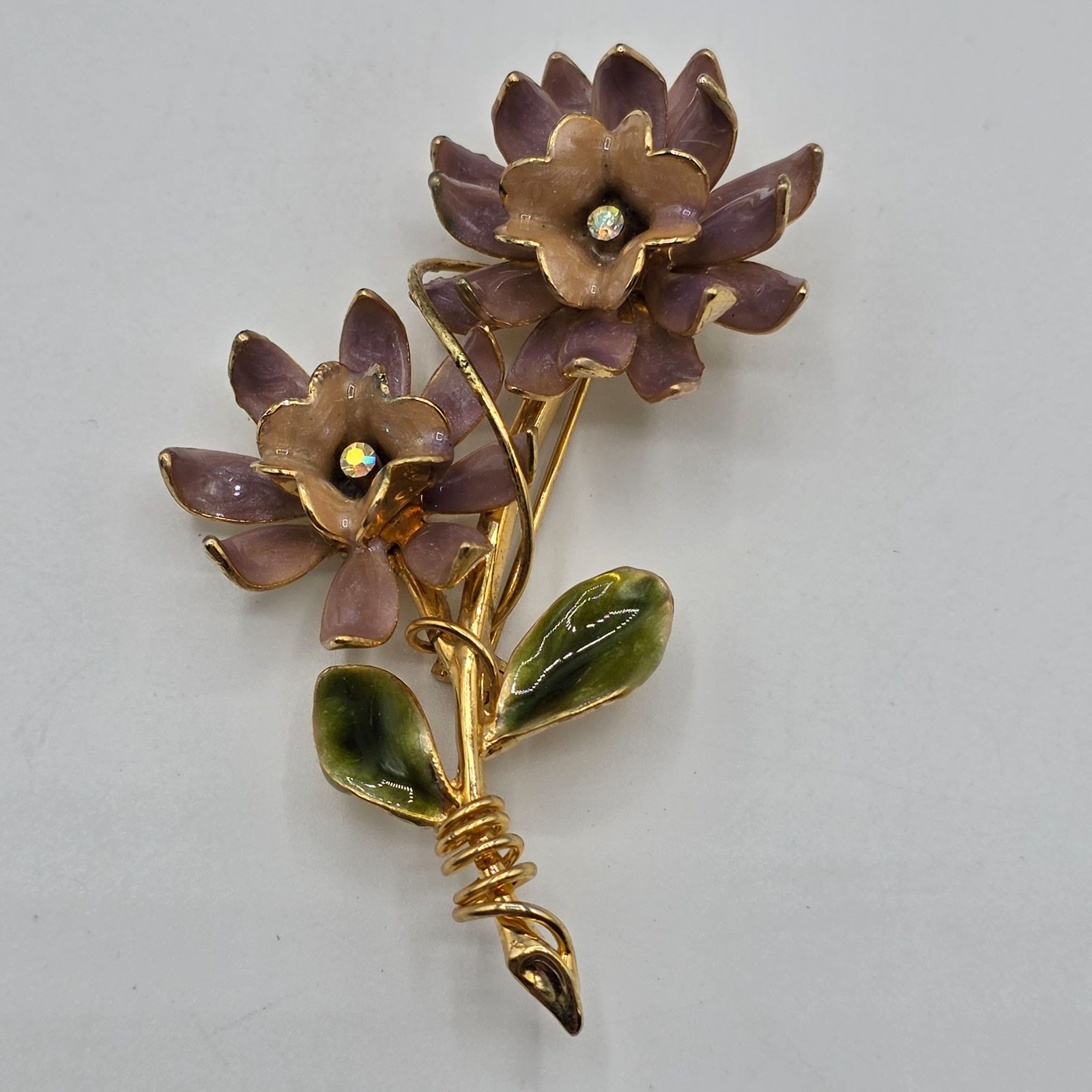 Vintage Enamel Flower Brooch Gold Tone Two Tone Petals Rhinestone Accent Jewelry