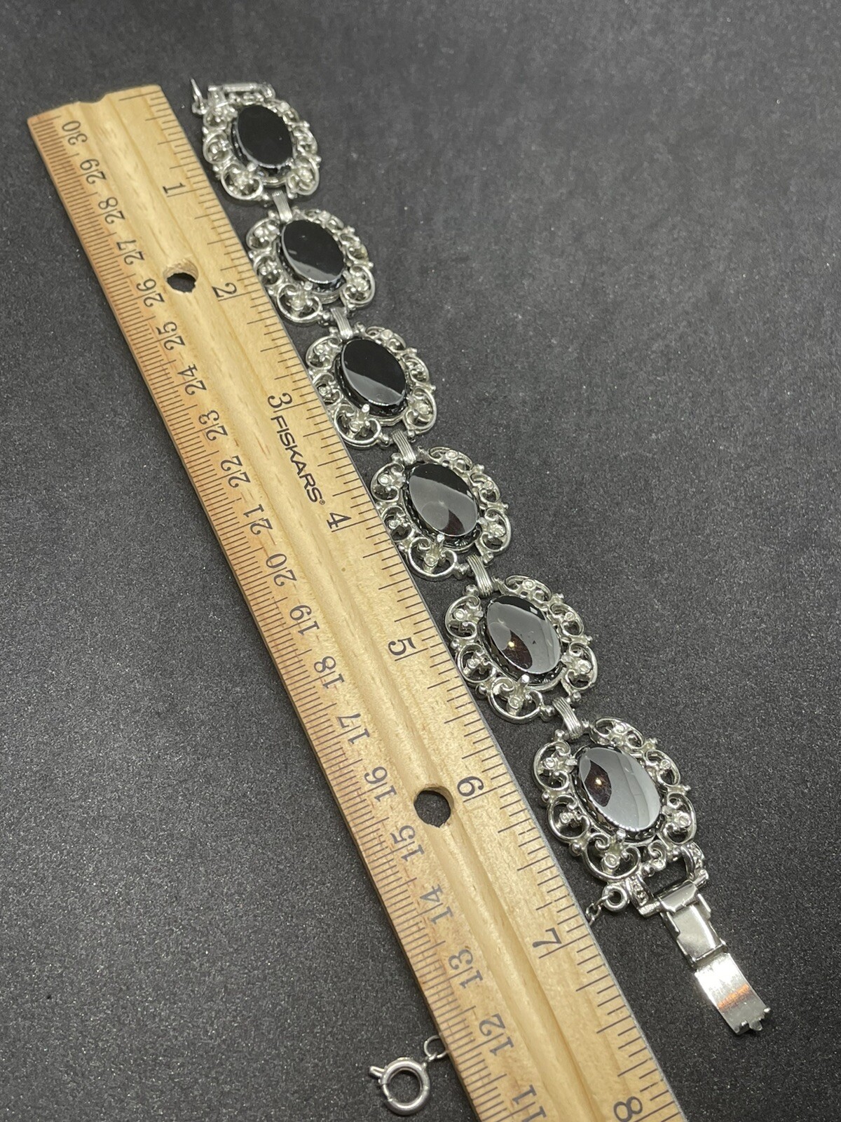 Vintage set clip on earrings/bracelet Silver Tone Dark Grey Stone Security Chain