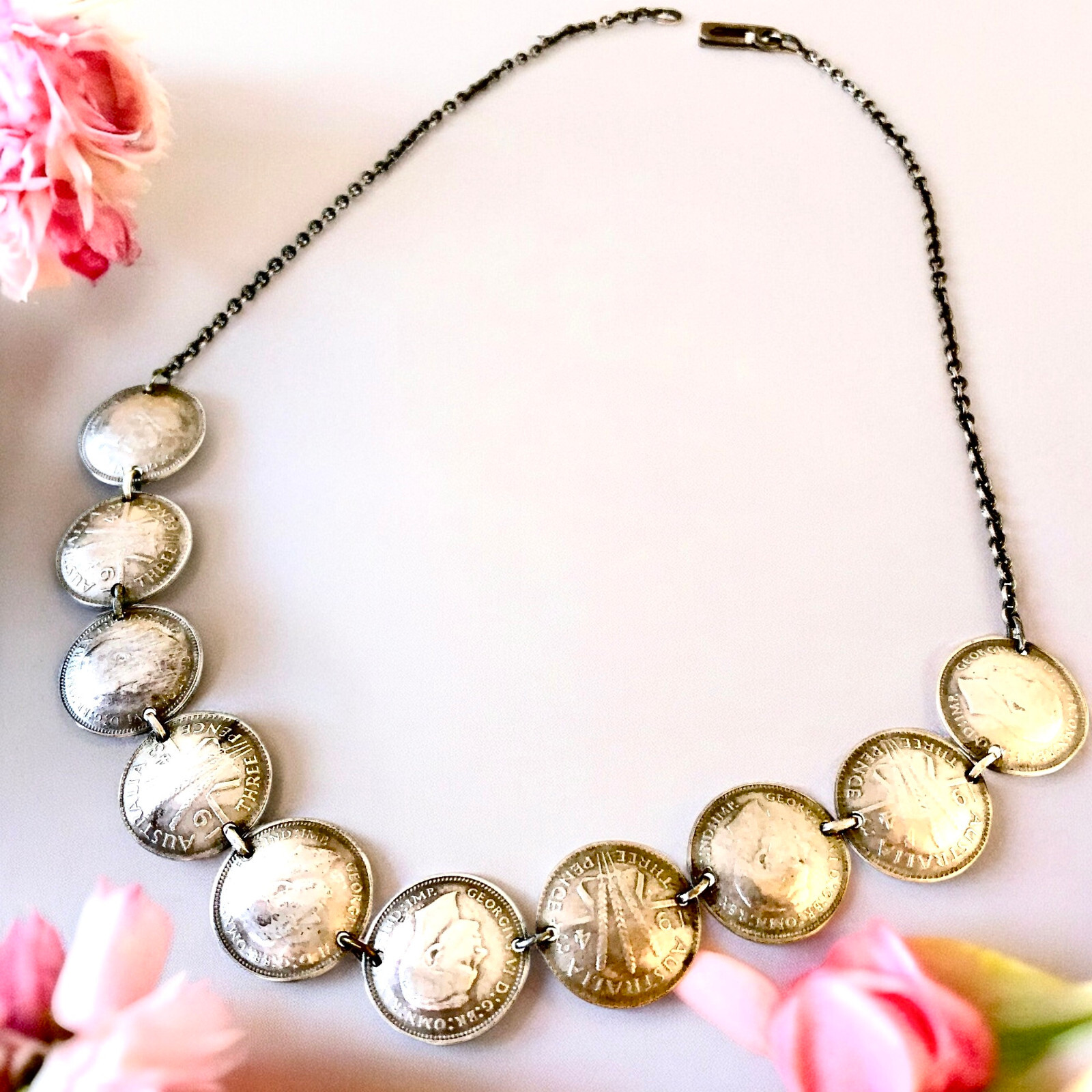 Silver Coins from Australia Necklace Three Pence 1943 Choker 15″