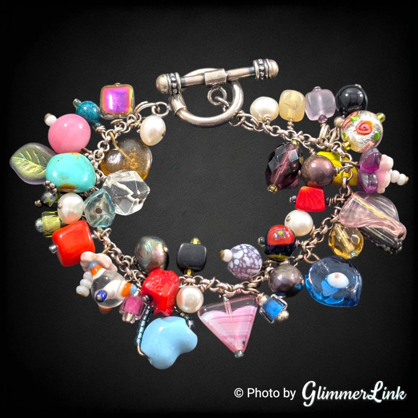 Vintage Artisan Cluster Bead Charm Bracelet Lampwork Glass Pearl Toggle