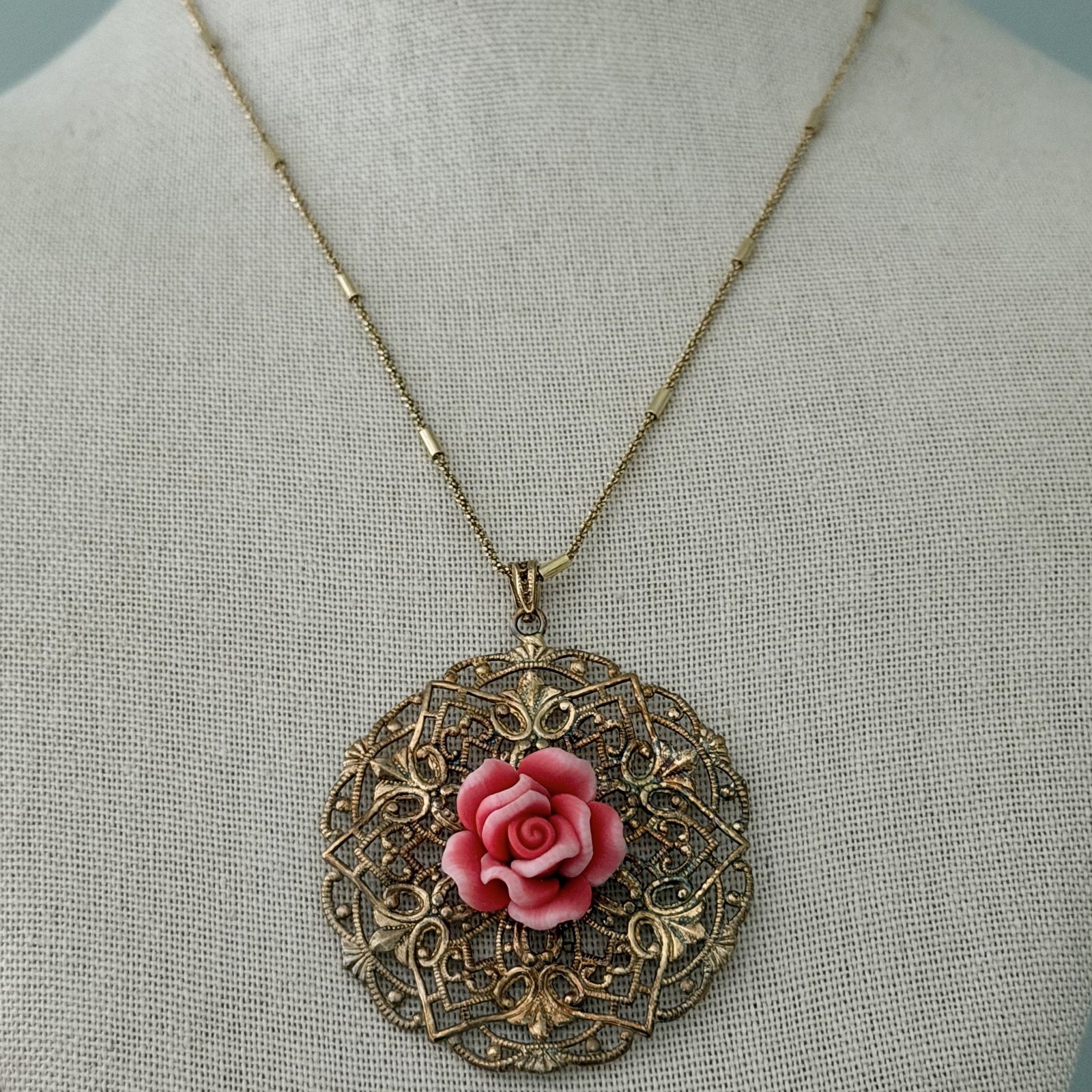 Vintage 925 Italy Sterling Silver Gold Vermeil Pink Rose Filigree Necklace