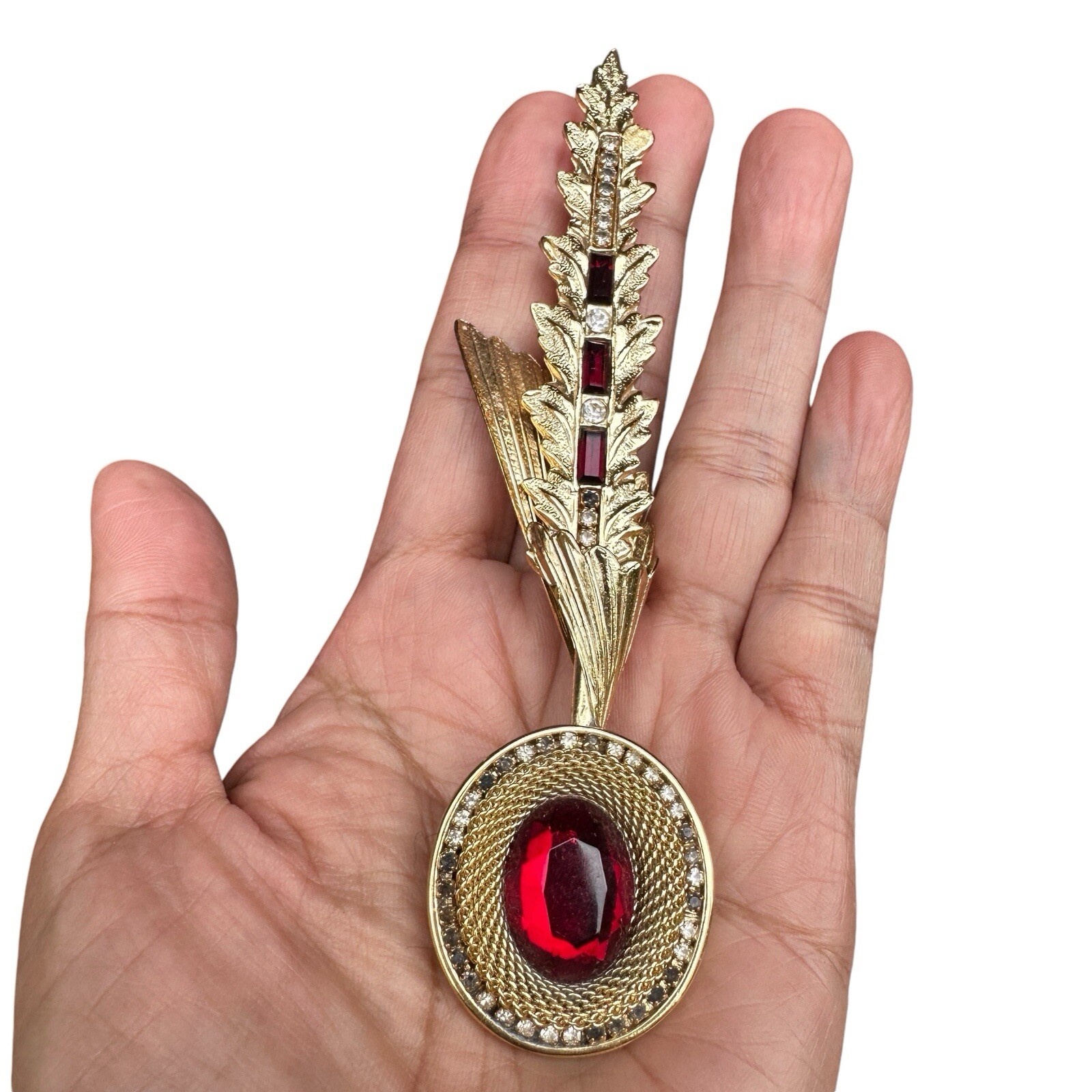 VTG Whiting Davis Feather Brooch Pin 5 Inch Red Glass Rhinestone Gold Plate Rare