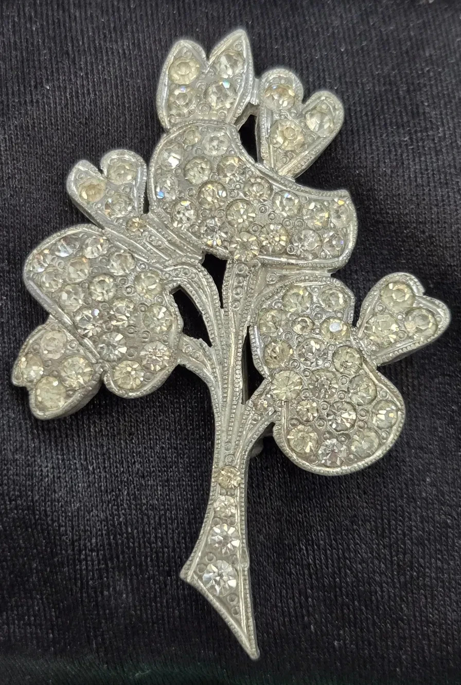 Vintage 1930s 40s Rhinestone Floral Bouquet Brooch Pot Metal Pavé Pin