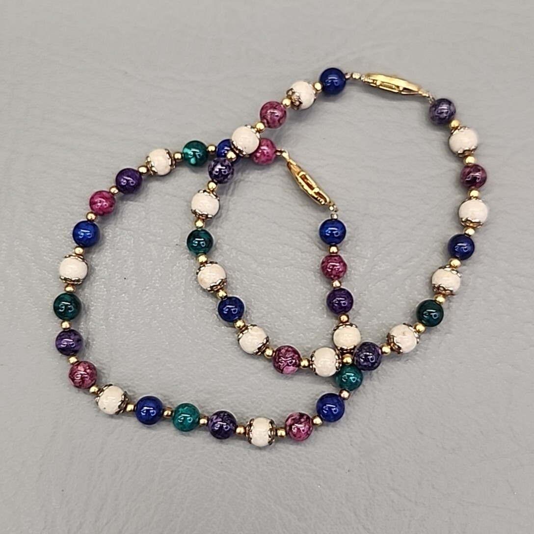 Glass Beaded Bracelet Lot of 2 Multicolor Green Blue Purple 8″
