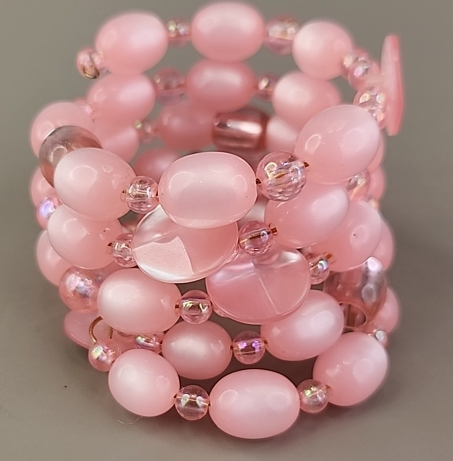 Vintage Moonglow Wrap Beaded Bracelet Pink Oval Memory Wire Acrylic