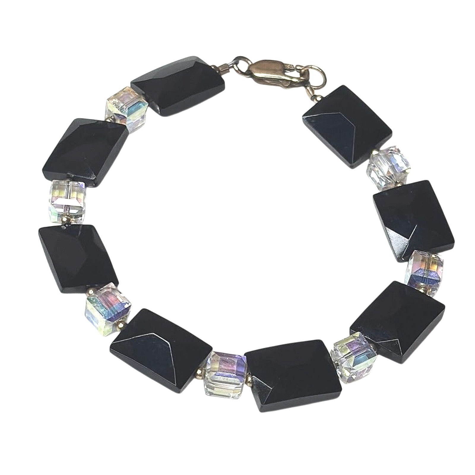 Black Faceted Bead Bracelet Aurora Borealis Crystal Cube Gold Tone Lobster Clasp