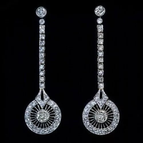 Vintage Art Deco Round Lab Created Diamond 925 Silver Engagement Drop Earrings