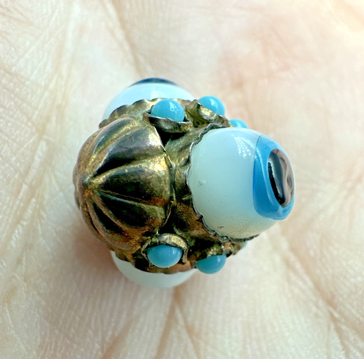 Vtg Victorian? Triple Evil Eye Blown Glass Gilted Brass Pendant Good Luck Amulet