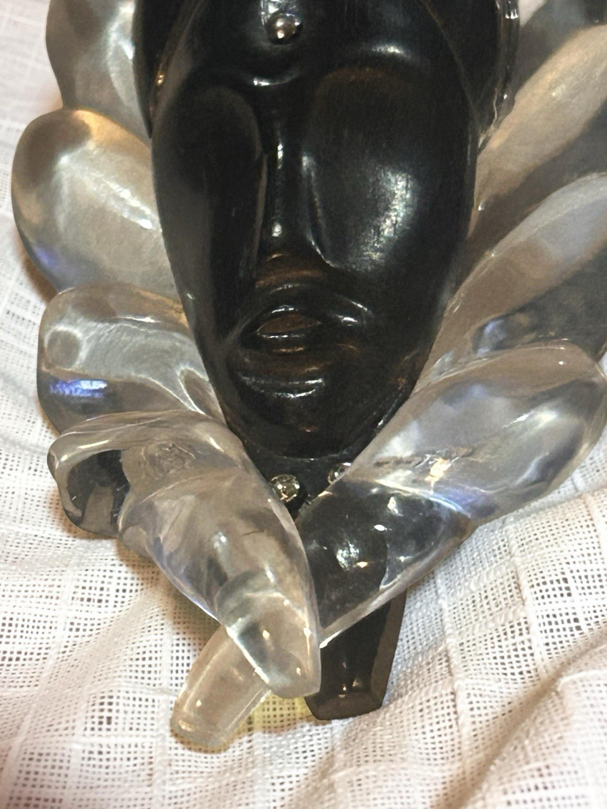 Elzac Carved Lucite Wood Mask Blackamoor Figural Brooch African Princess Rare!