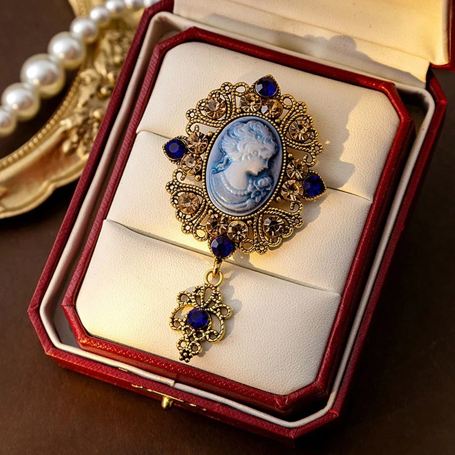 2 Pcs Blue Elegant Victorian Vintage Court Style Cameo Brooch Pin Lady Portrait