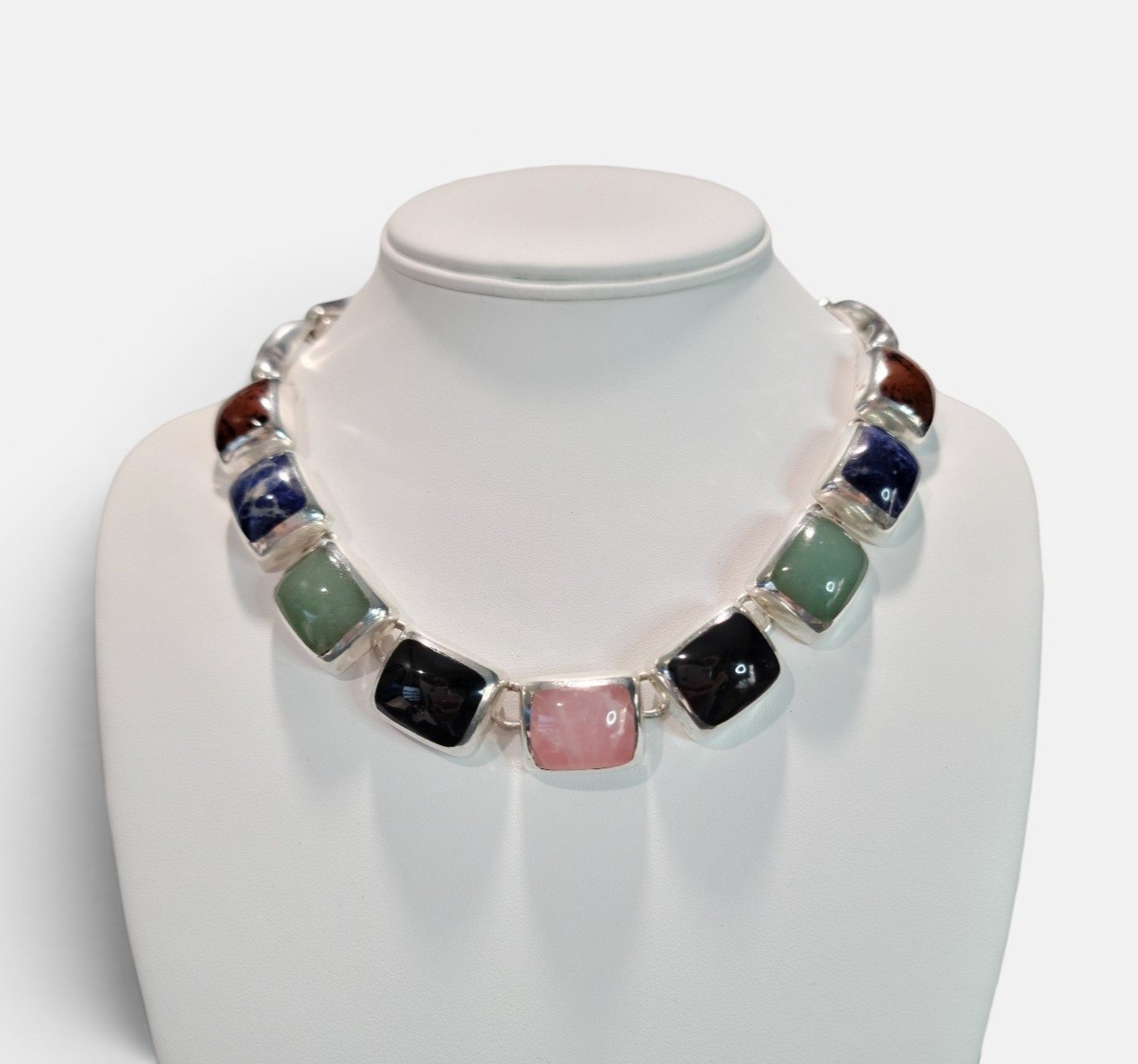 Estate Statement Taxco TZ-17 Sterling Silver Multi Stone Necklace 101g Rainbow