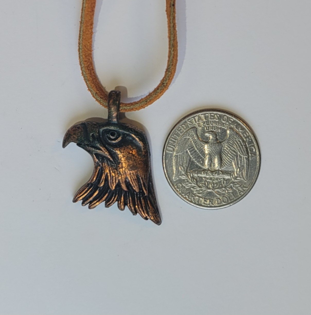 1980s Antiqued Copper Eagle Head Pendant On 25in Suede Leather Cord Vintage TC