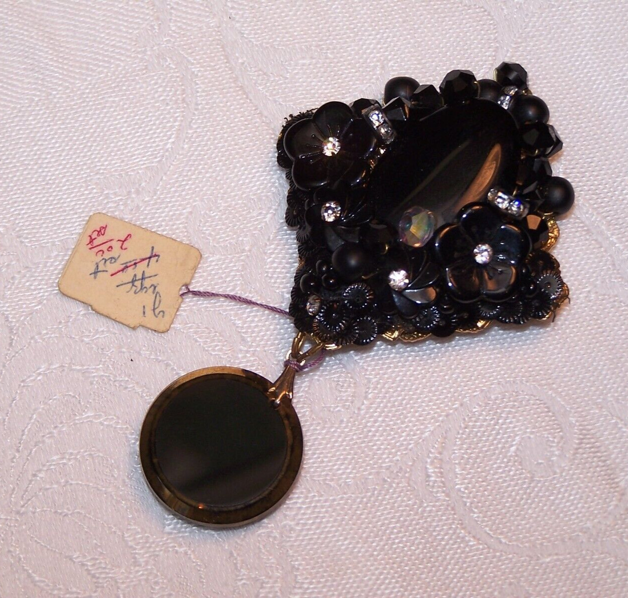 Unsigned Miriam Haskell Pendant/Vtg Black Molded Glass Floral Beads/NOS w Tag