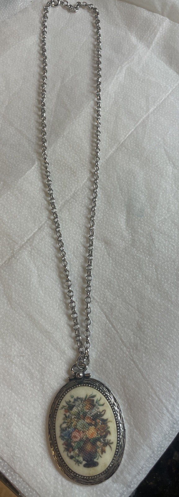 Faux Needlepoint Oval Pendant Necklace – Signed Coventry Vintage Silver Toned