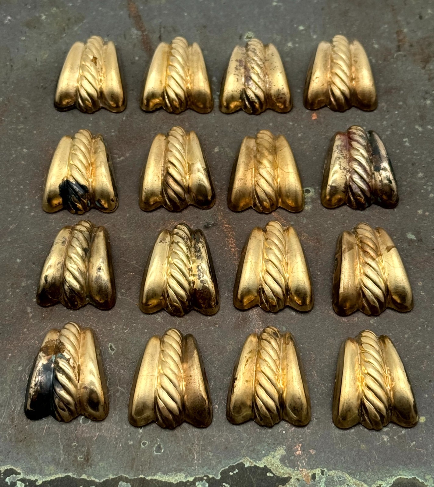 Lot of 16 Vintage Brass Shield Stampings – 24mm Textured Gold Findings