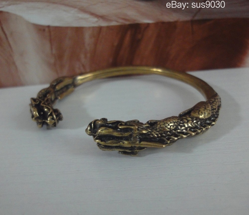 Solid Brass Double Ancient Dragons Figurine Statue Bangle 56MM