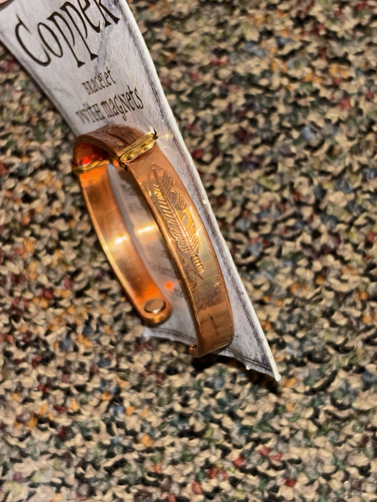 Copper Bracelet Cuff Band With Magnets Feather Engraving Healing Power