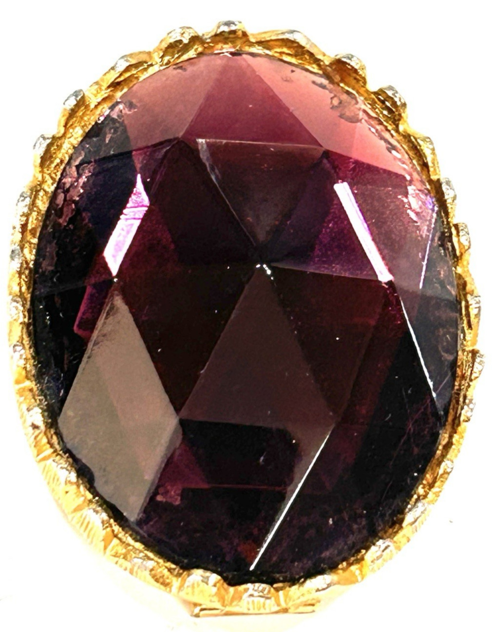 VINTAGE unsigned PURPLE AMETHYST FOIL GLASS GOLD TONE OVAL PIN SLIDE 1 .75″
