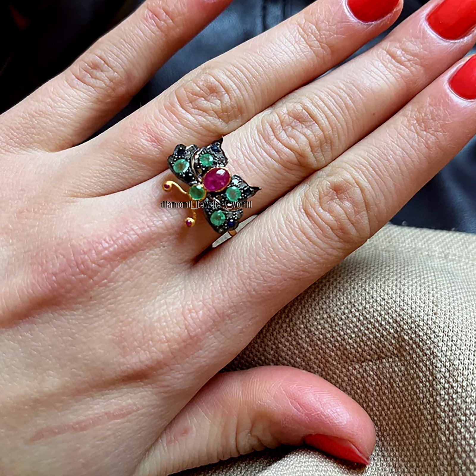 Gorgeous 0.55ctw Rose Cut Diamond Gemstone Silver Vintage Butterfly Ring Jewelry