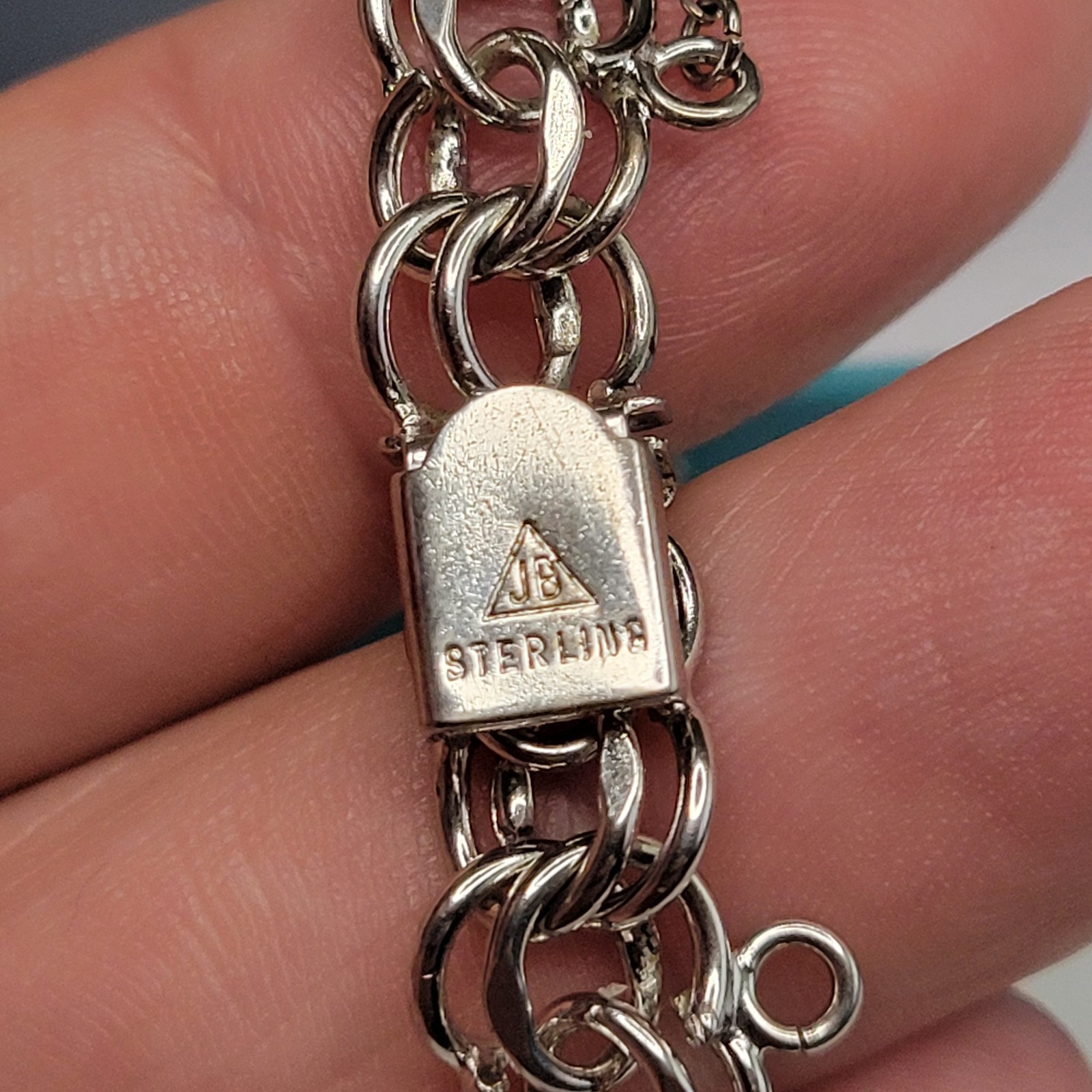 Vtg JB Jacoby Bender STERLING Silver Double Link Charm Bracelet Unused 7.5 16.5g