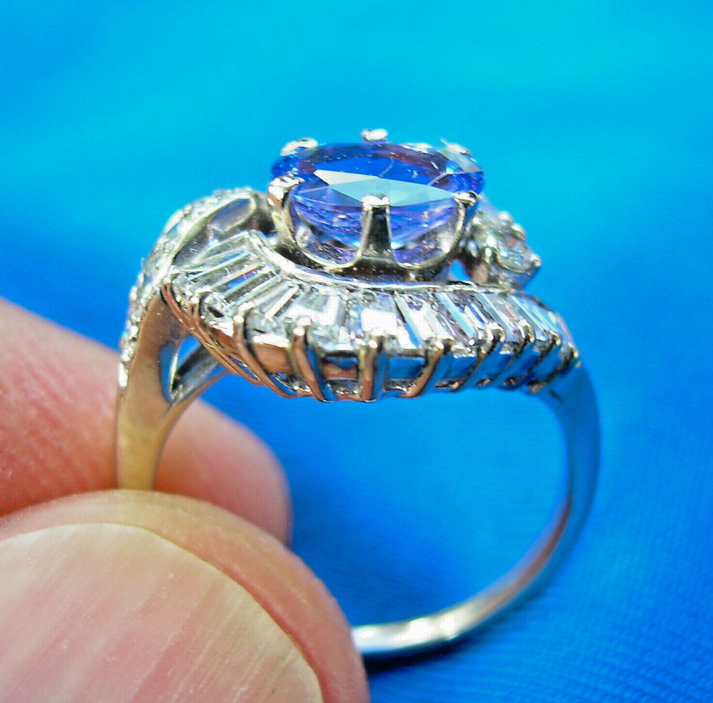 Original EARTH MINED TANZANITE DIAMOND DECO Engagement Ring Solitaire 14K GOLD 7