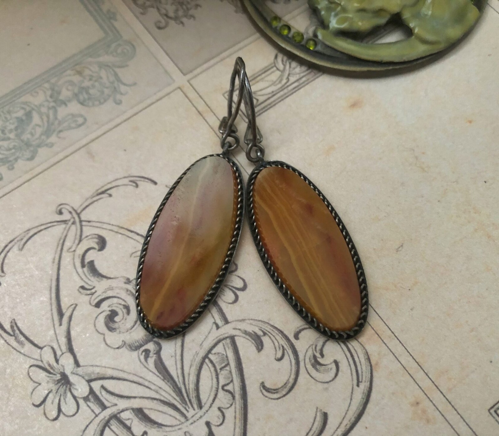 Estate Vintage Marquise Earrings Sterling Silver 875 Soviet Agate Stone USSR