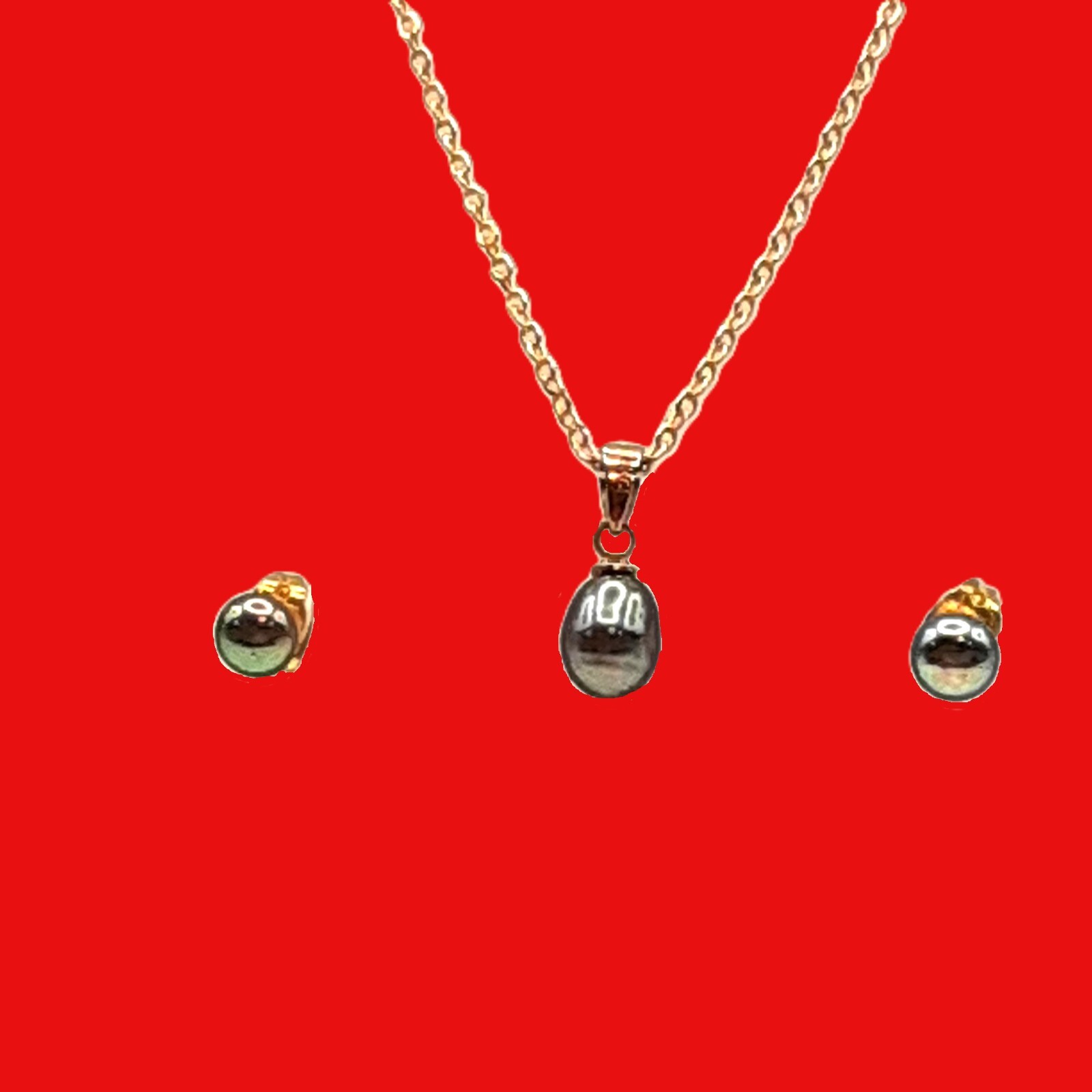 Vntg Faux Black Pearl Necklace & Post Earring Set 80’s, 18KGP, gift for her