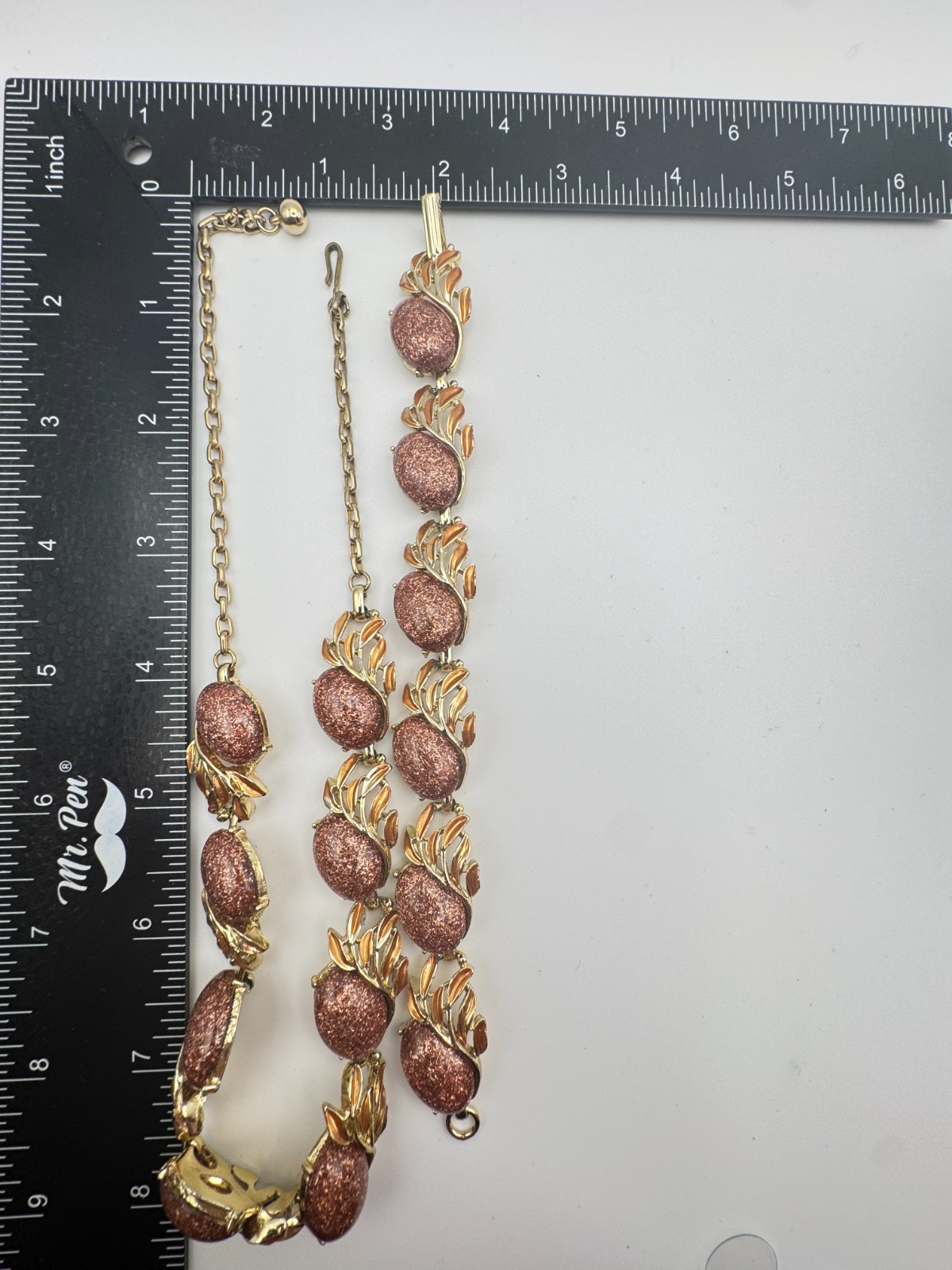 Vtg Speckled Necklace Bracelet Set Gold Tone Faux Goldstone & Enamel Panel 17″