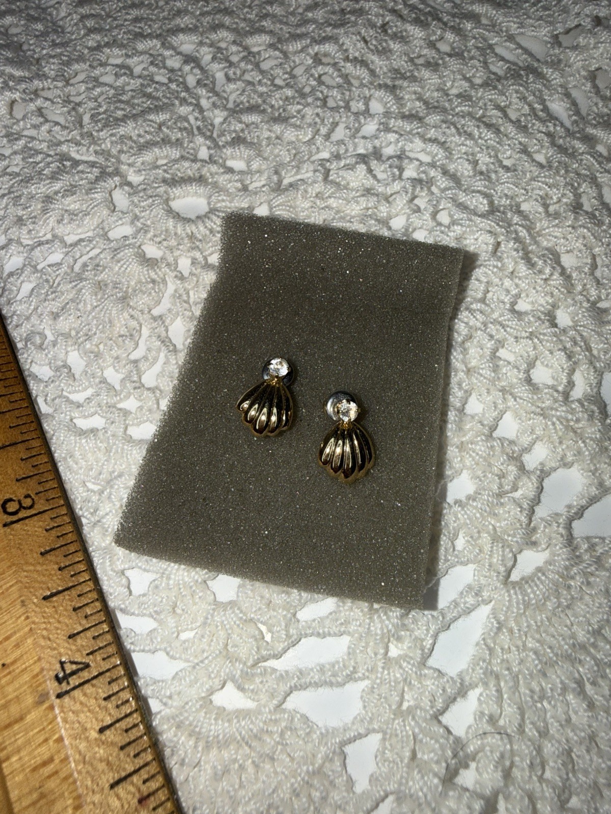 Gold Toned Shell& clear stone Post Earrings Pierced