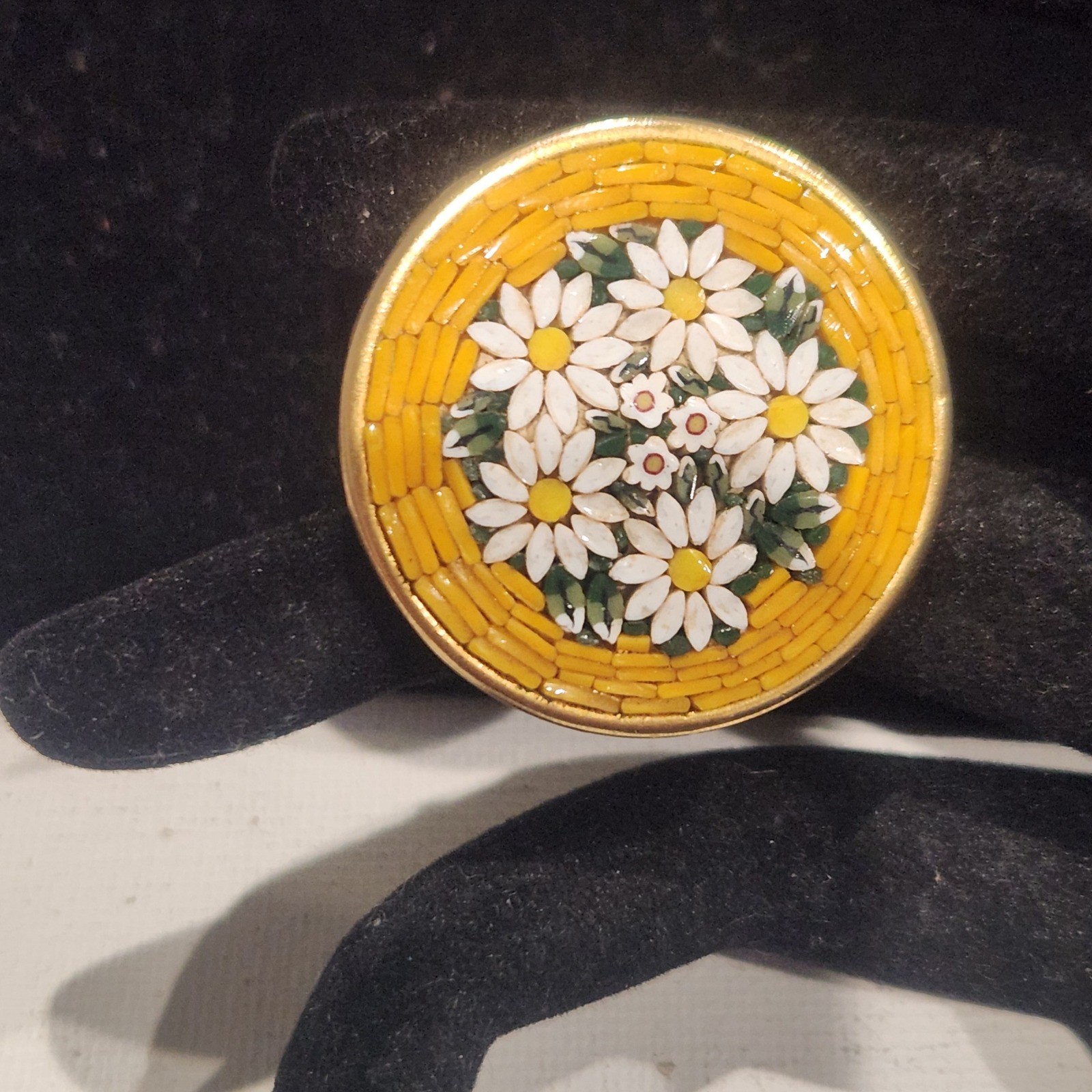 Vintage Italian Micro Mosaic Floral Brooch Yellow Daisy Pin Made in Italy Round