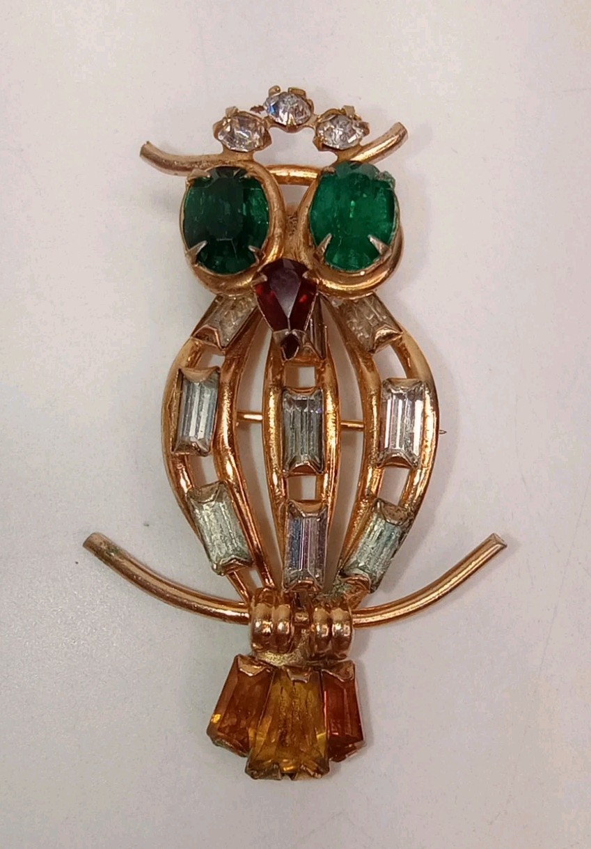 Vintage Scitarelli Owl Pin Brooch Pendant Gold tone Rhinestone Signed Night Bird