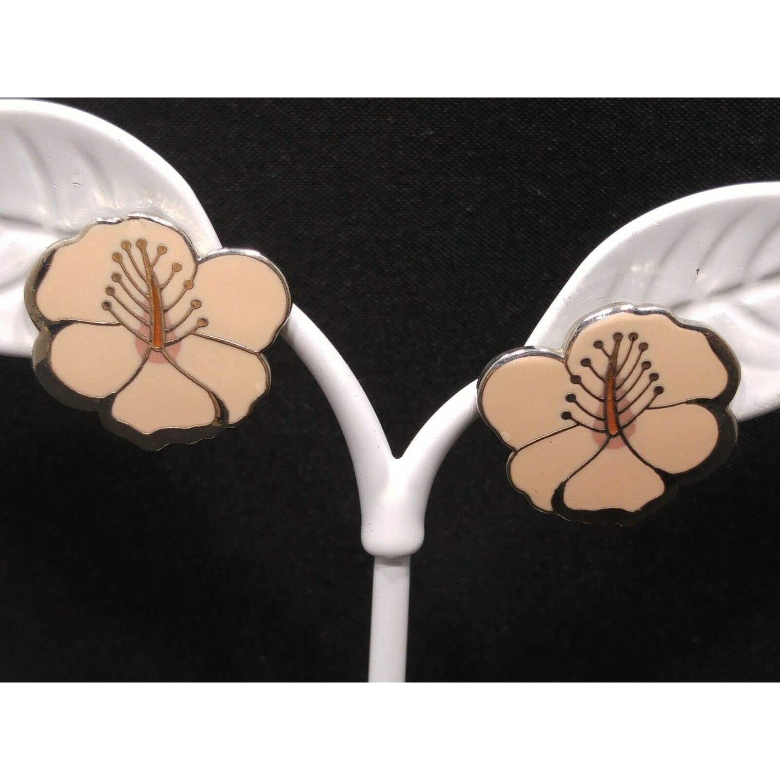 Laurel Burch “Hibiscus” Pink Post Earrings, Rhodium Plated Silver Tone, 1980s