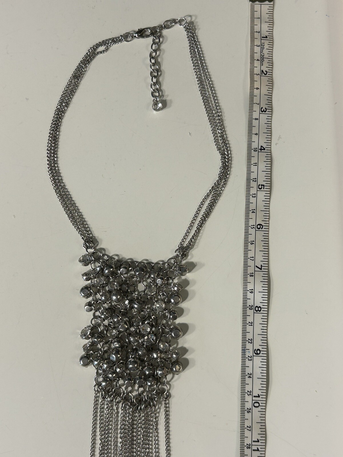 Vintage Silver Toned Bib Necklace with Multiple Rhinestones & Tassels