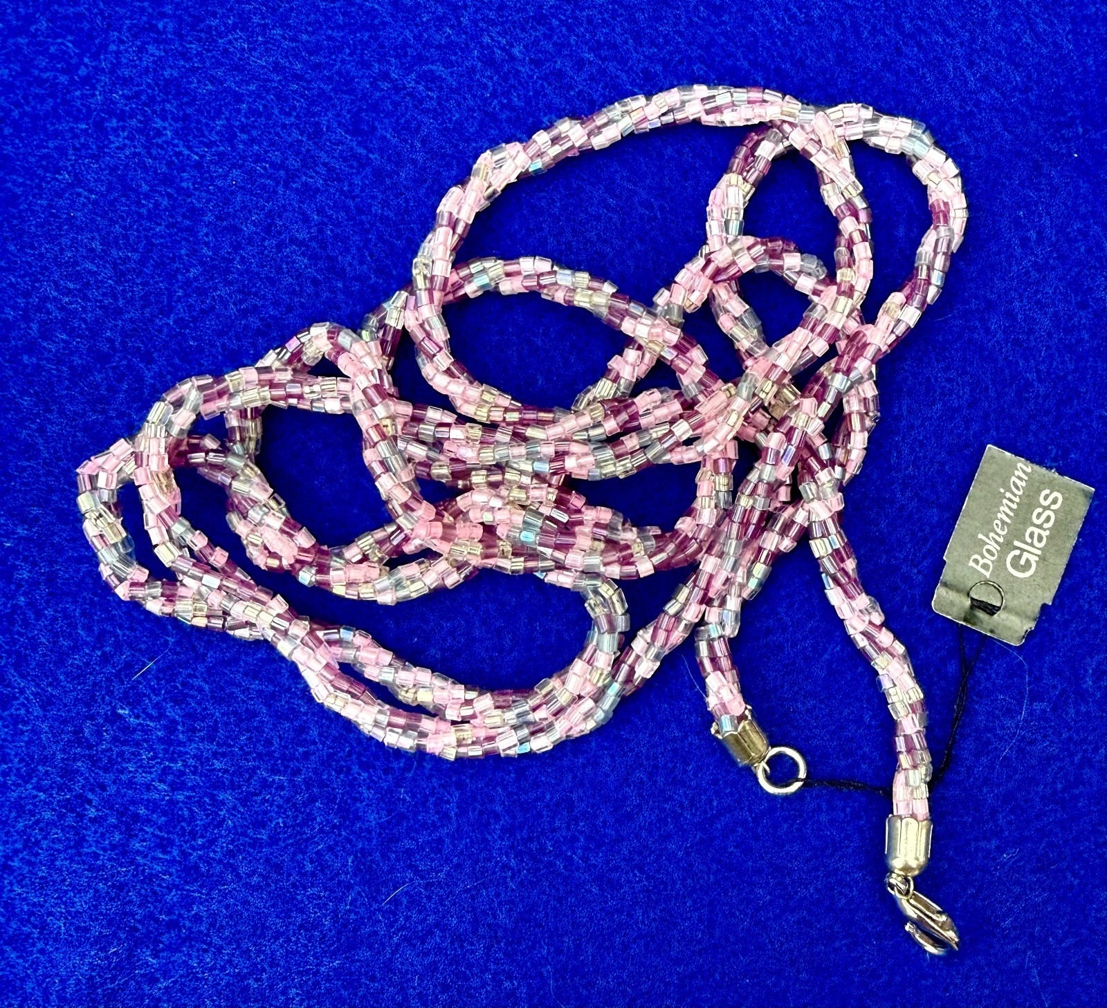 Vintage Czech Bohemian Glass Seed Bead Necklace 48″ Long Pink Purple