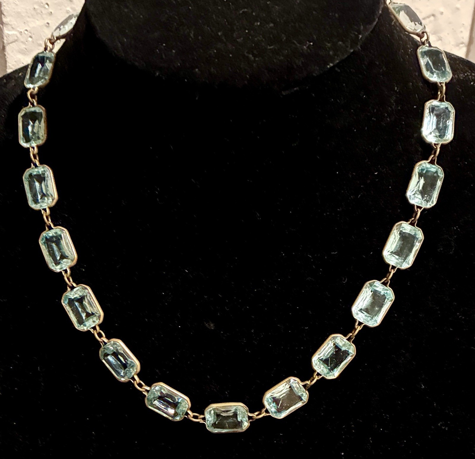 VTG CZECH Blue Bezel Set Rectangle Faceted Crystal GF Brass RIVIÈRE NECKLACE
