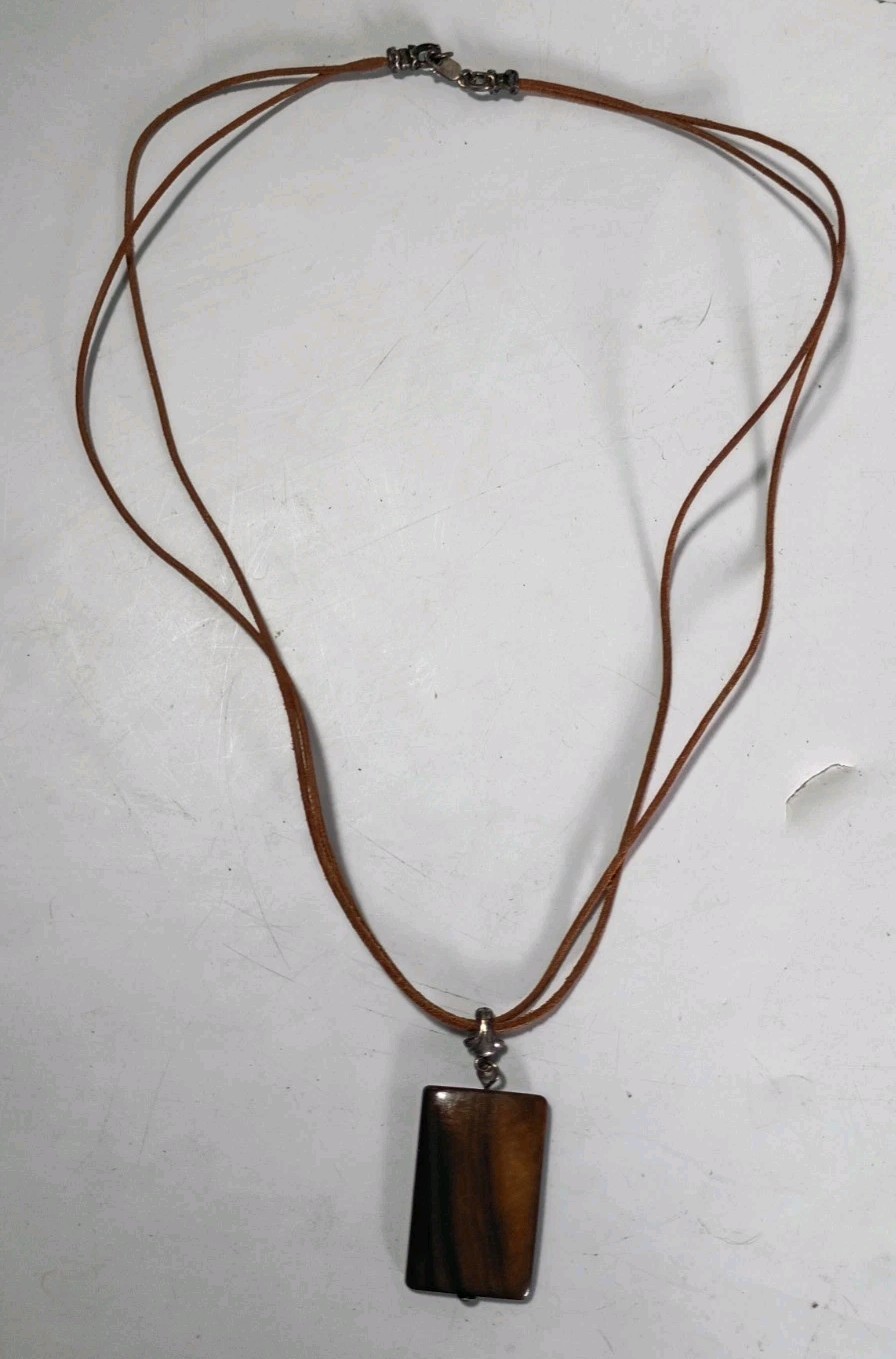 Rectangle Tiger Eye Brown Shell Penadant Necklace Brown Leather Cord 925 Silver