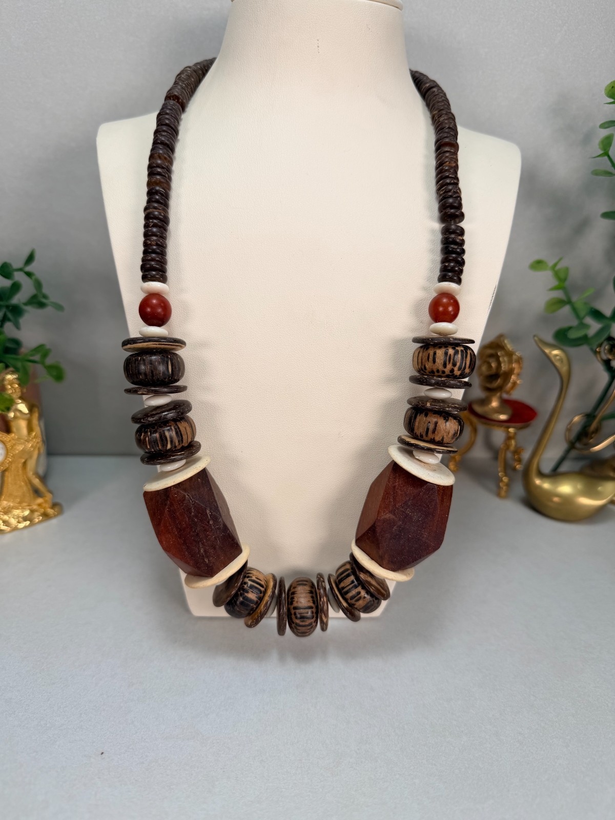 Tribal Wood Bead Necklace Coconut Shell Artisan Boho Statement
