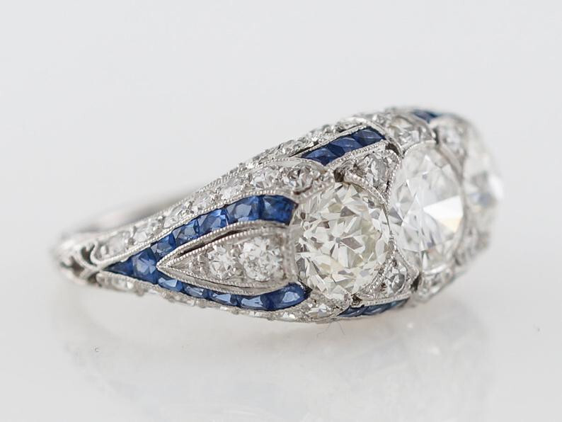 3 CTW White Round Cut CZ Three Stone Art Deco & Sapphire Ring In Sterling Silver