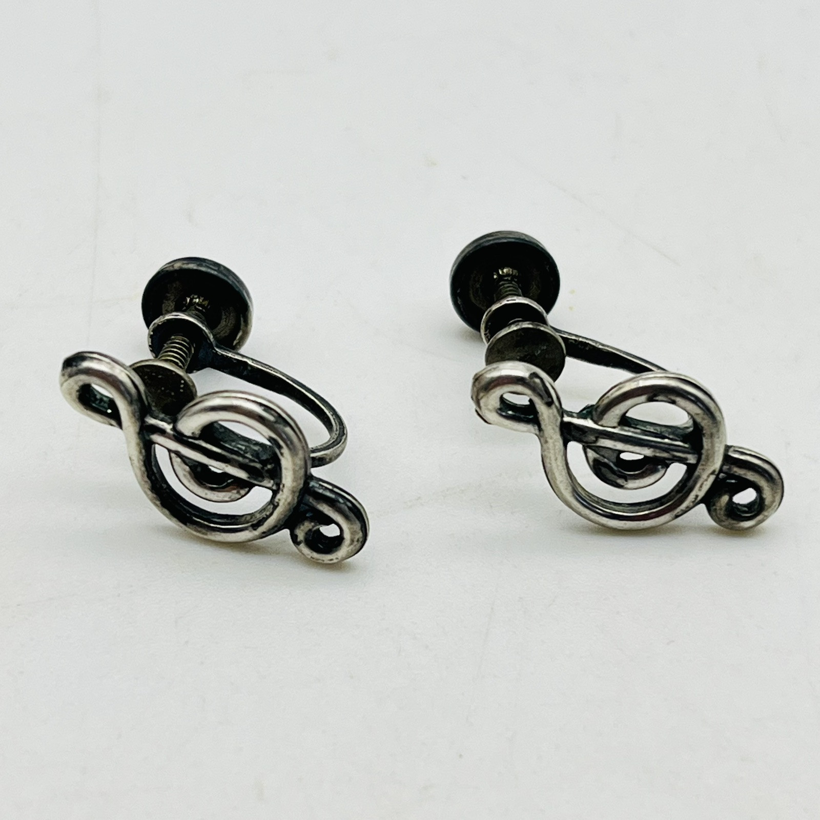 Vintage Sterling Silver Treble Clef Screw Back Earrings Music Note .75″