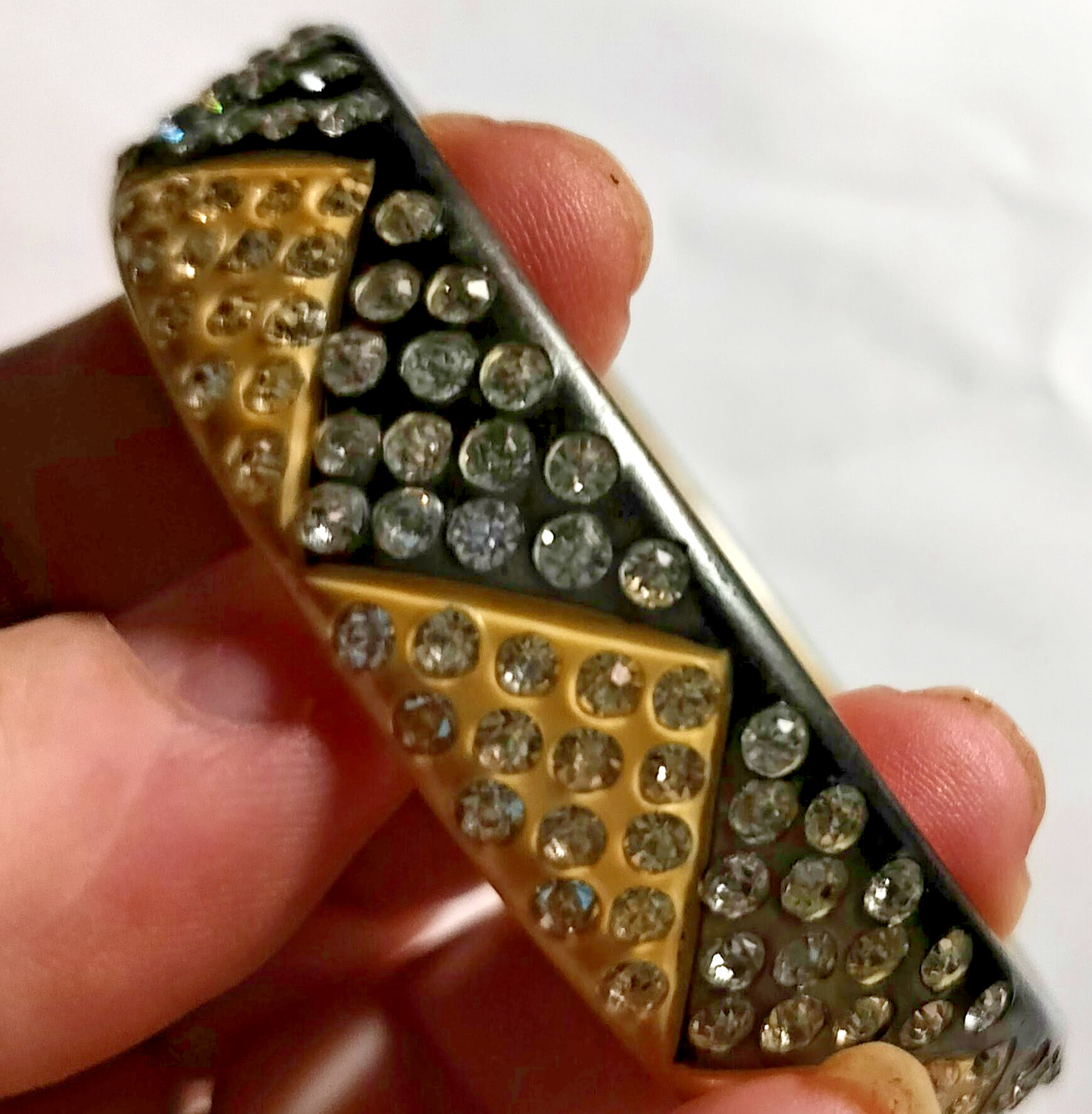 Antique Celluloid Rhinestone Bracelet -Chevron Pattern -Black & Ivory