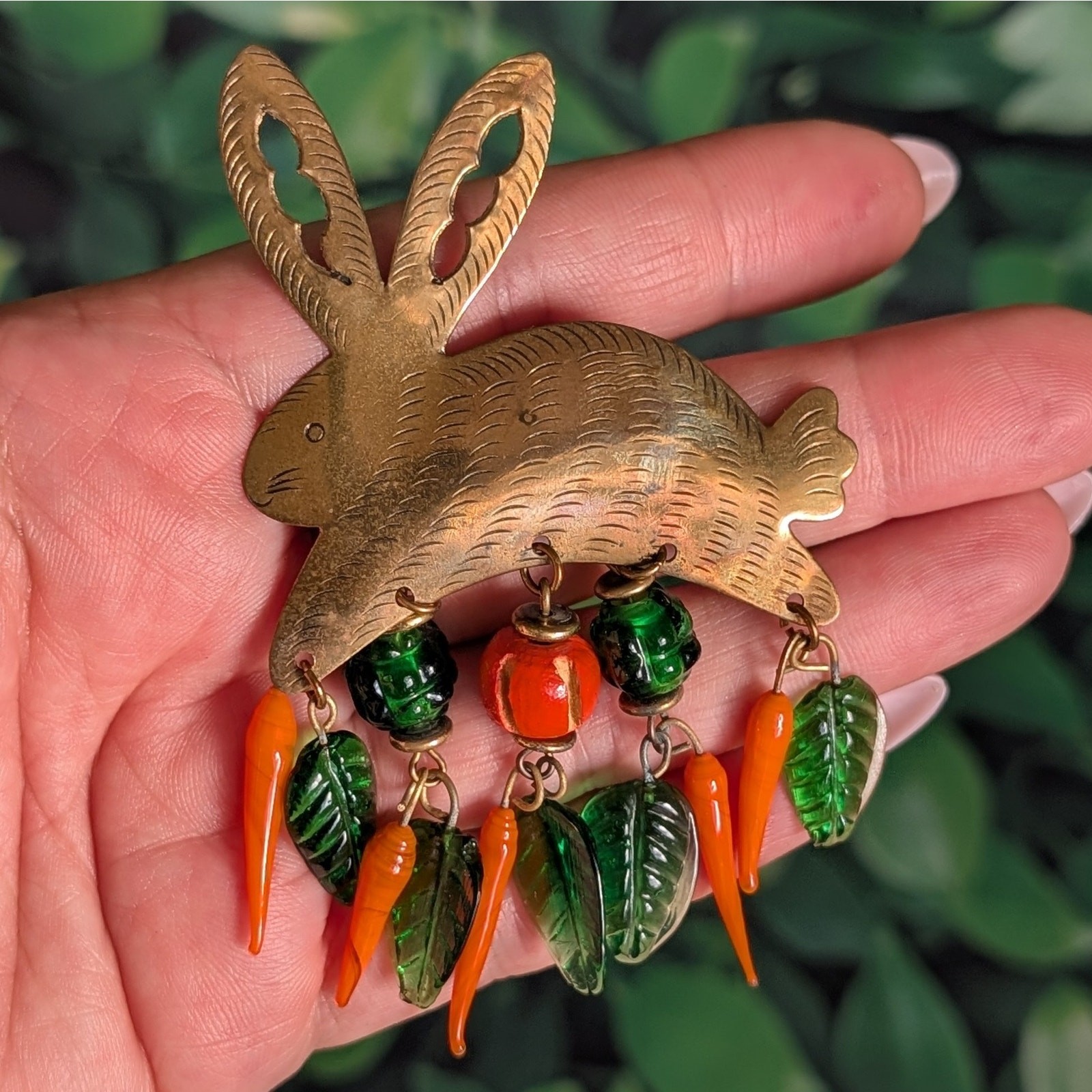 Vintage Artisan Brass Glass Rabbit Brooch Carrots Leaves Etched Bunny Art Pin