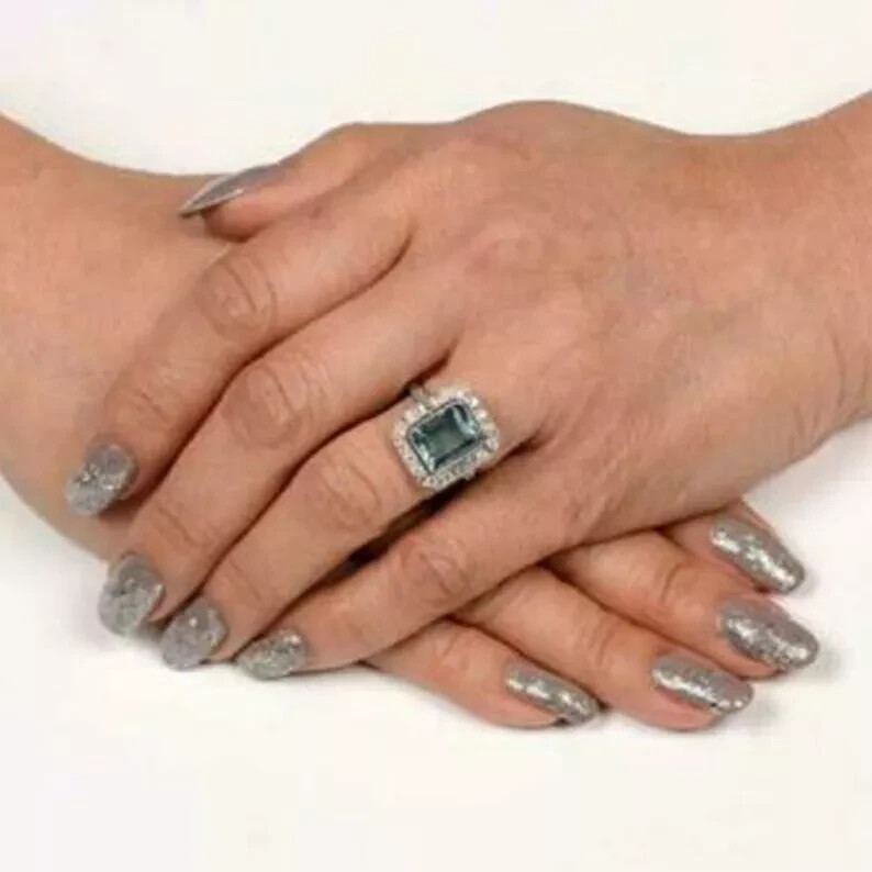 Art Deco Emerald Cut Aquamarine & Lab Created Diamond 925 Silver Engagement Ring
